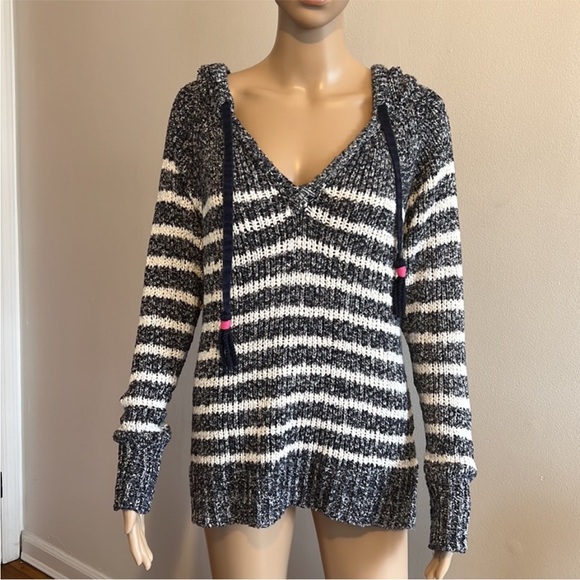 WHITE+WARREN Hooded Blue White Striped Tassel Long Sleeve Knit Sweater Size S - Picture 2 of 11